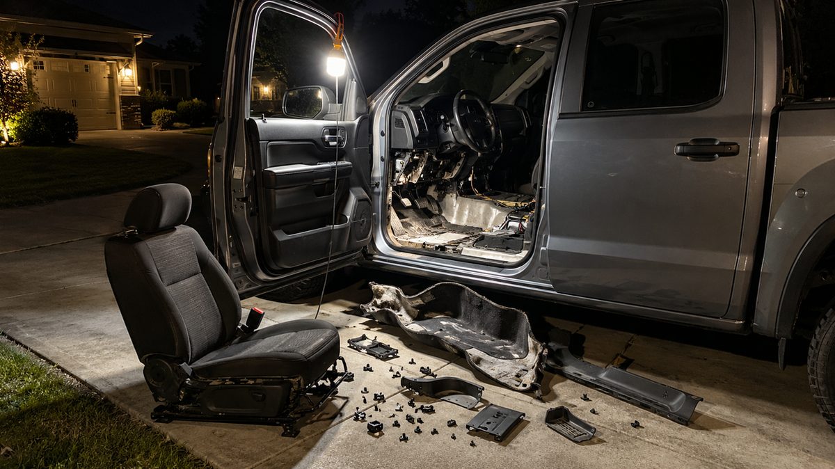 A pickup interior torn apart at night in a driveway, the driver's seat unbolted and sitting outside