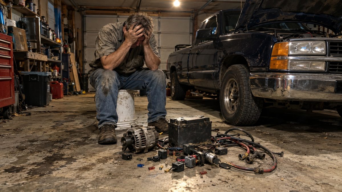 A man sitting on a bucket in his garage over a pile of replaced truck parts: an old alternator, a battery, fuses