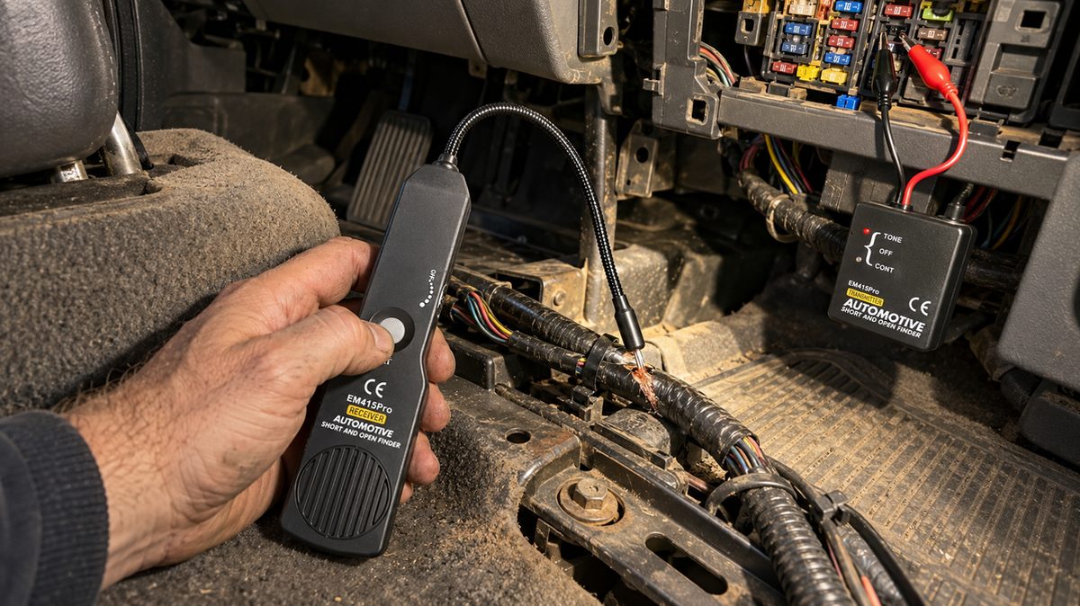 The TrueTrace receiver wand held over the harness at a pickup's seat bracket