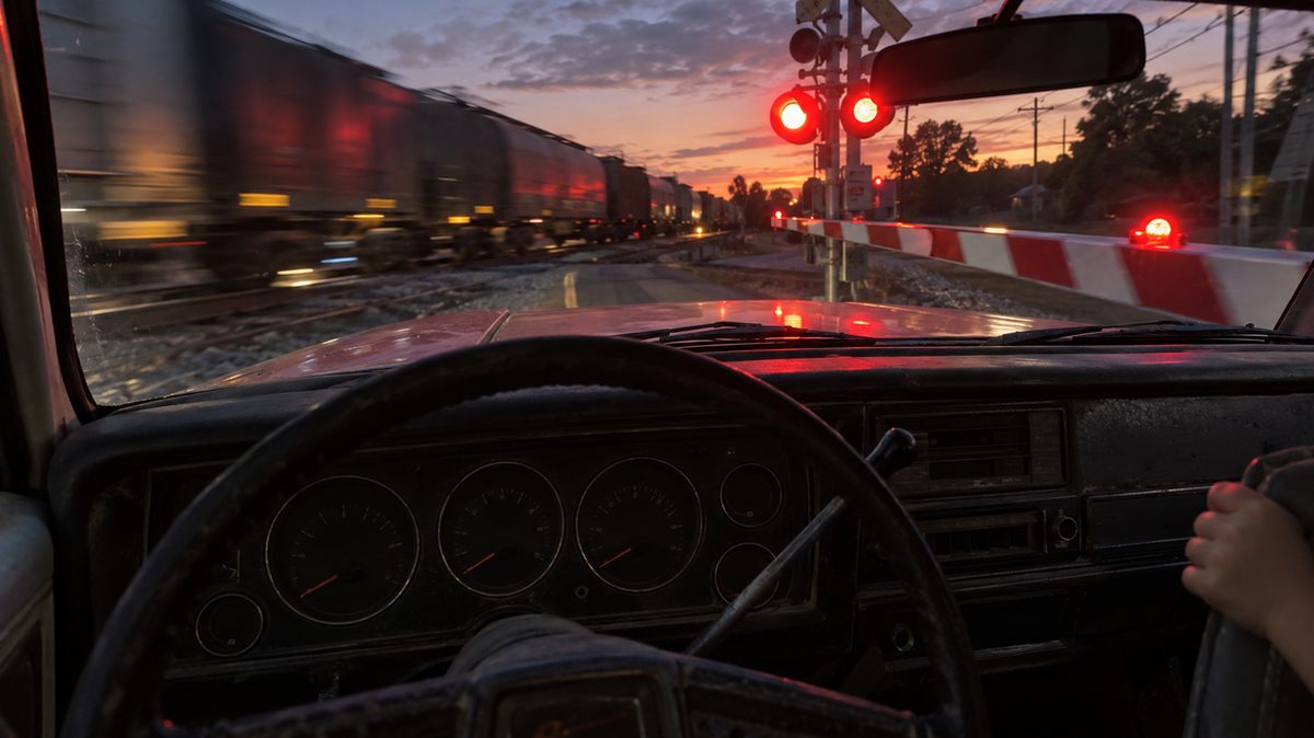 A pickup stalled on railroad tracks at night with the crossing lights flashing over the hood