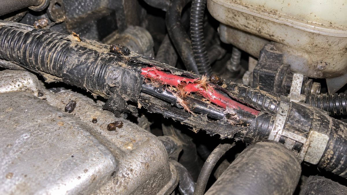 Extreme close-up of a car wiring harness chewed by mice down to bare copper