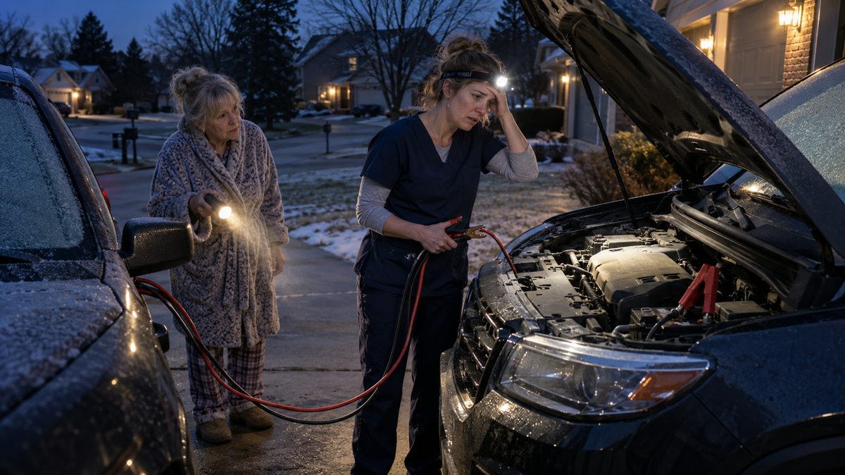 A nurse in scrubs holding jumper cables in a dark driveway at 4:52 AM while a neighbor in a bathrobe looks on