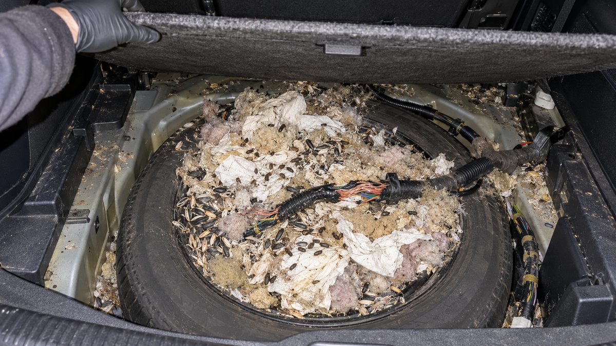 A mouse nest packed into a car's spare tire well around a chewed wiring harness