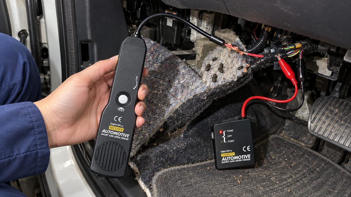 A hand sliding the TrueTrace receiver wand along an SUV door sill, following the tone