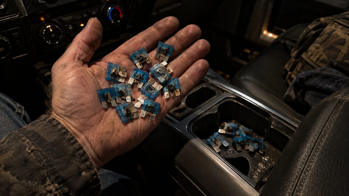 A calloused palm holding eleven blown blade fuses, each with a burnt link