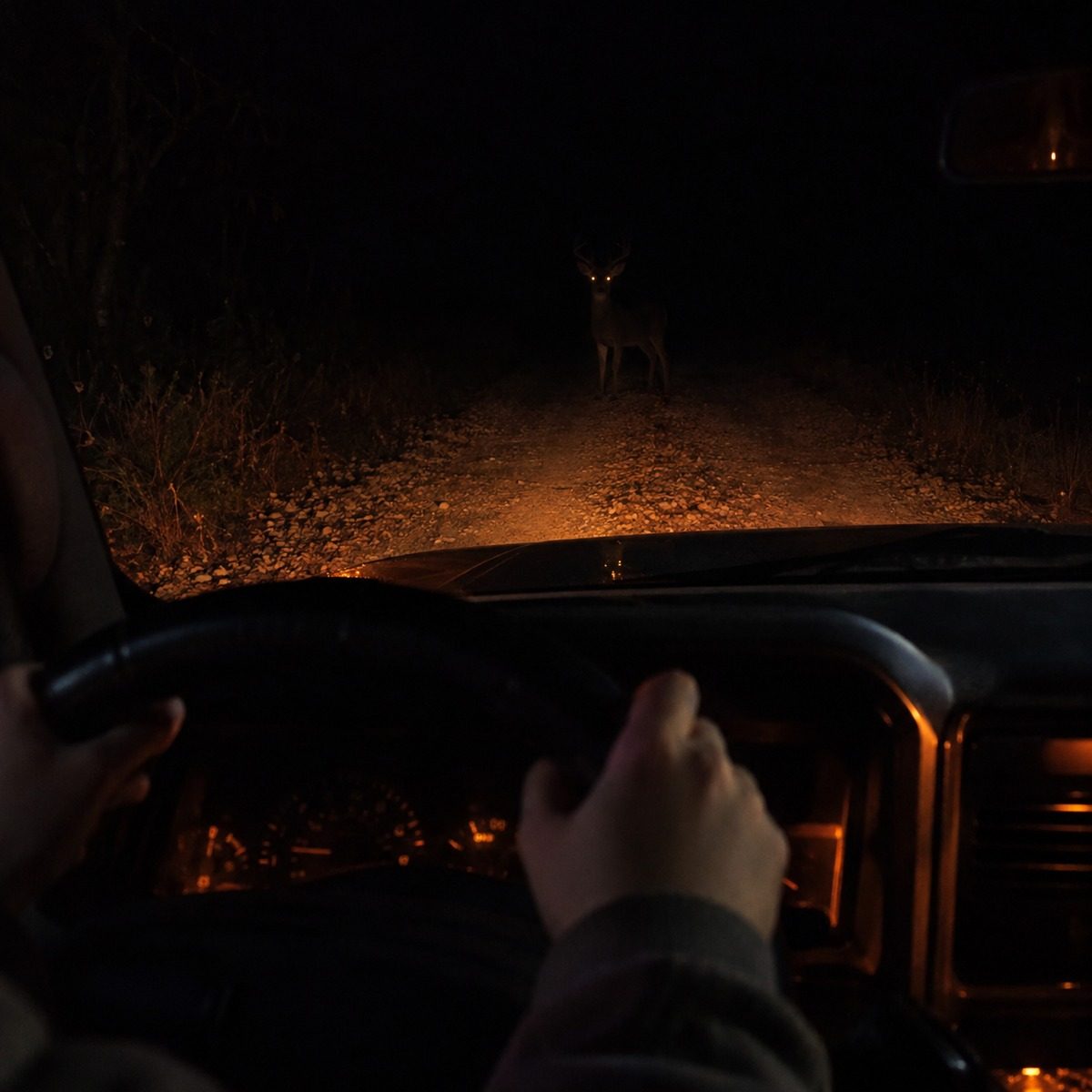 A small pickup with dead headlights stopped on a pitch-black gravel road, a deer's eyes reflecting ahead