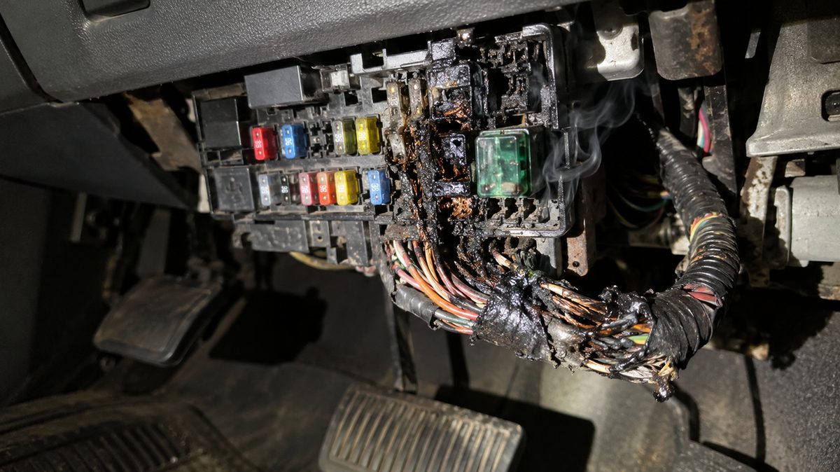 Smoke curling out from under the dashboard of a small pickup on a roadside at night