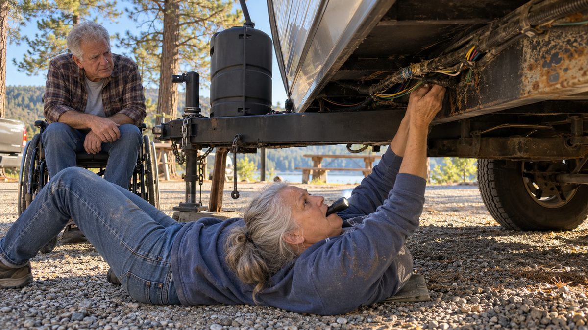 A 64-year-old woman on her back in the gravel under a travel trailer with a flashlight in her teeth