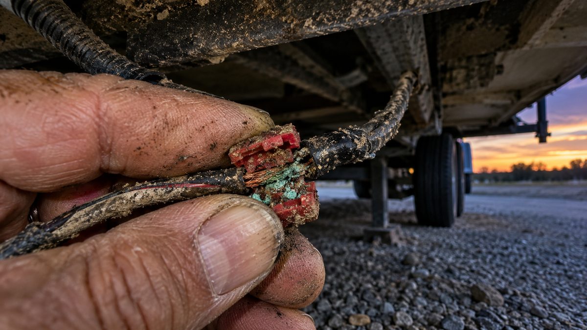 An old scotch-lock splice cut open under a trailer, the copper inside green and powdery
