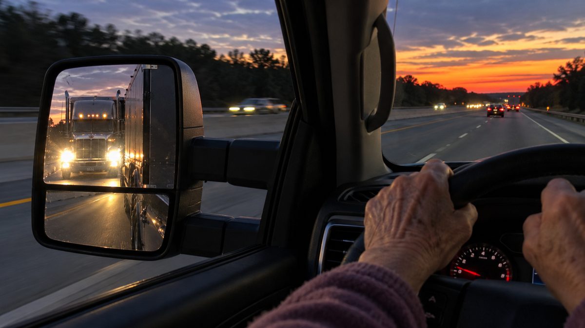 A semi truck's headlights filling the side mirror behind a dark travel trailer at dusk on the interstate