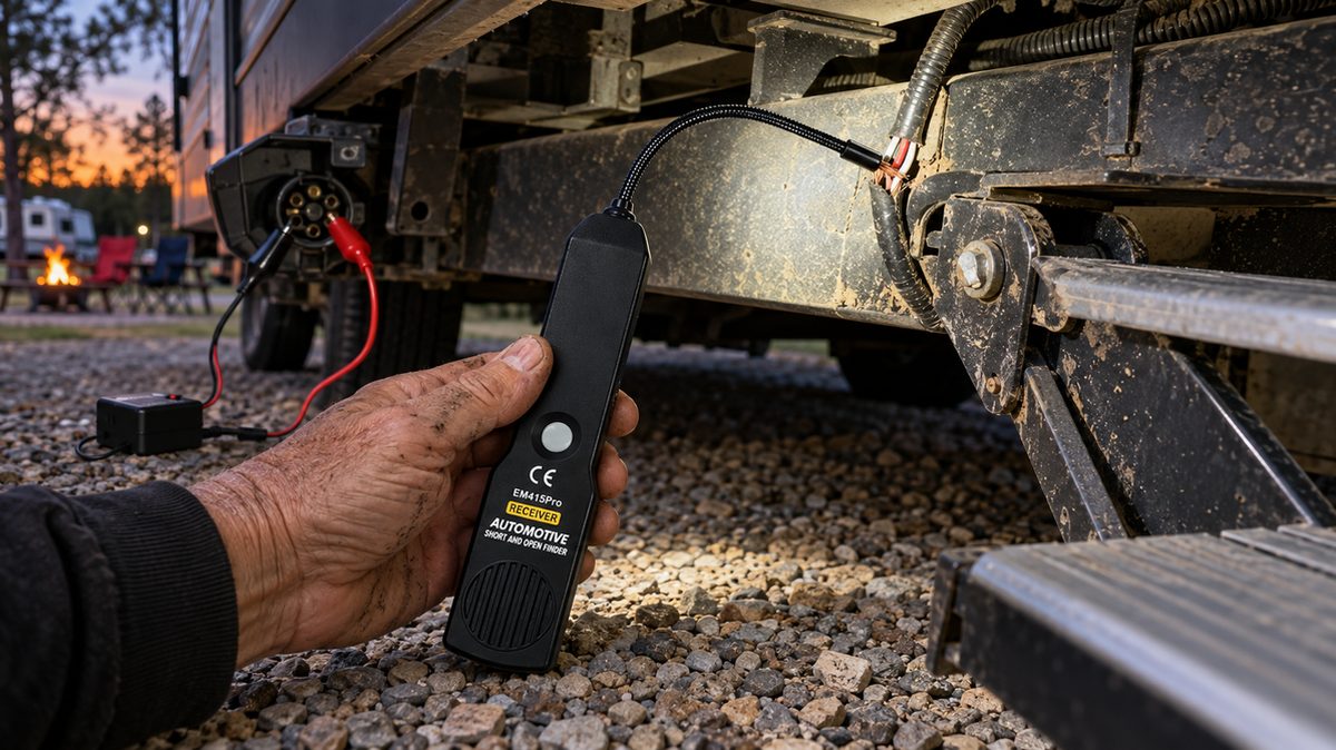 The TrueTrace receiver wand on a travel trailer frame right behind the entry steps
