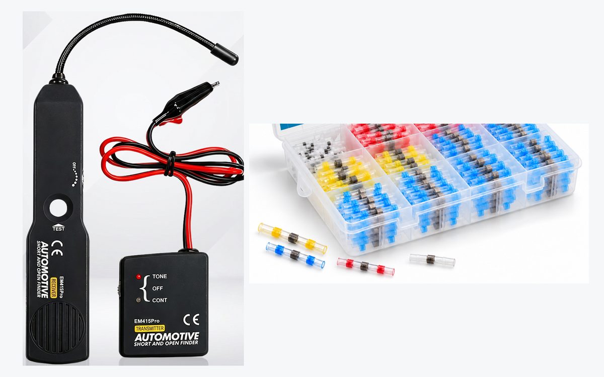 The TrueTrace bundle: receiver wand and transmitter next to a case of SolderStick solder seal connectors
